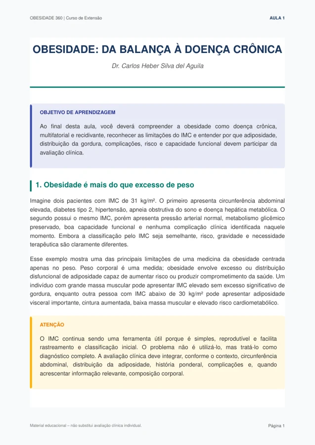 Prévia da aula 1: Obesidade, da balança à doença crônica, com objetivo de aprendizagem e conteúdo didático.